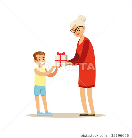 Grandmother giving gift box to her happy grandson Grandmother giving gift box to her happy grandson 33196636