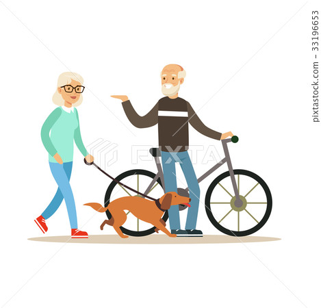 Old man standing next to a bike, senior woman Old man standing next to a bike, senior woman 33196653