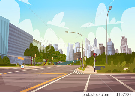 City Street Skyscraper Buildings Road View Modern - Stock Illustration ...