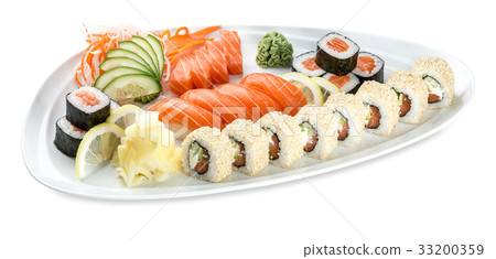 Set double saki sushi plate isolated on white 33200359