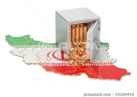 Safe box with golden coins on the map of Iran 33200459