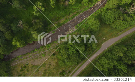 "River stream and road" taken from the sky with drone (near Iwaobetsu Onsen / Shari-cho, Shari-gun, Hokkaido) 33201214