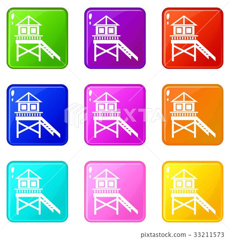 Wooden stilt house icons 9 set 33211573
