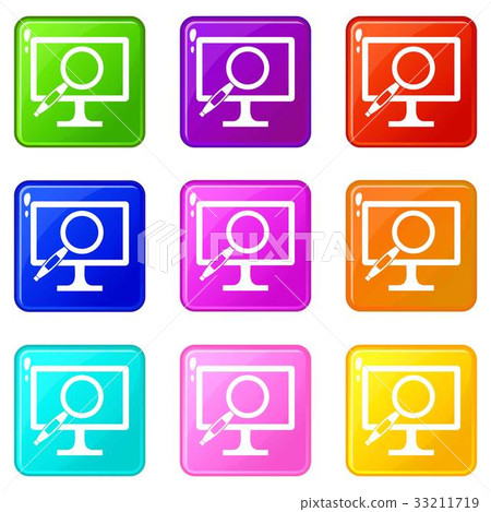 Computer monitor magnifying glass icons 9 set Computer monitor magnifying glass icons 9 set 33211719