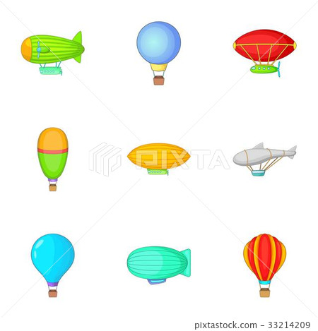 Air balloon and airship icons set, cartoon style Air balloon and airship icons set, cartoon style 33214209