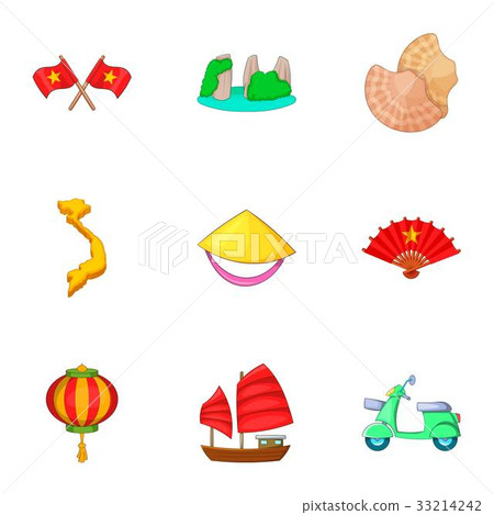 Typical Vietnam icons set, cartoon style Typical Vietnam icons set, cartoon style 33214242