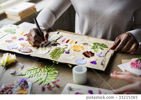 Hands Writing Detail of Dried Flowers Collection in Notebook Handmade Work Hobby Hands Writing Detail of Dried Flowers Collection in Notebook Handmade Work Hobby 33215365