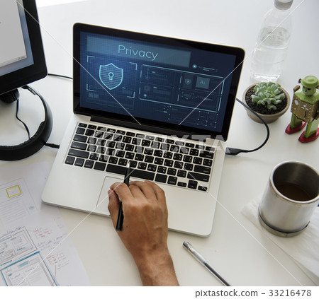 Hands working on laptop network graphic overlay 33216478