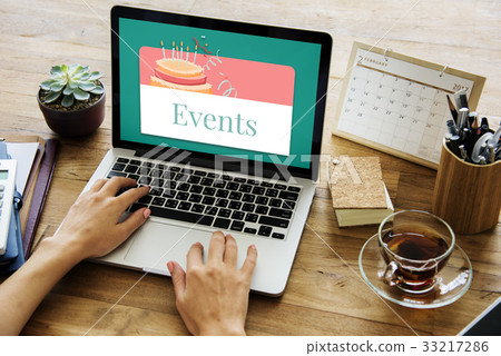 Illustration of birthday party event celebration with cake on laptop 33217286
