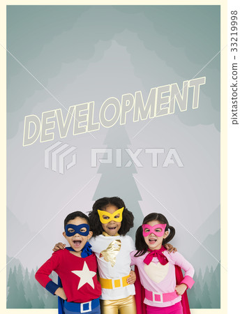 Group of superheroes kids with aspiration word graphic Group of superheroes kids with aspiration word graphic 33219998