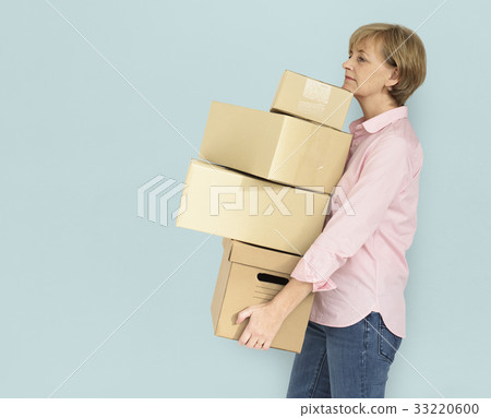 Senior Adult Woman Carrying Box Parcel Package 33220600