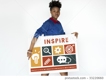 Black woman holding a creative icon collage banner 33220660