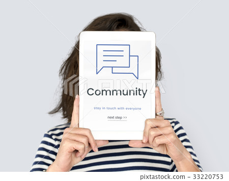 Woman working on network graphic overlay digital device covering face 33220753