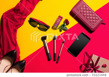 Still life of fashion woman, objects on yellow 33221448