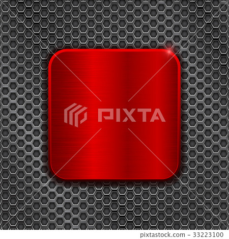 Red square plate on metal perforated background 33223100