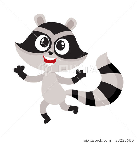 Cute happy raccoon character raising paws in Cute happy raccoon character raising paws in 33223599