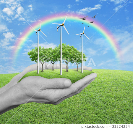 Wind turbines, grass and trees in human hands Wind turbines, grass and trees in human hands 33224234