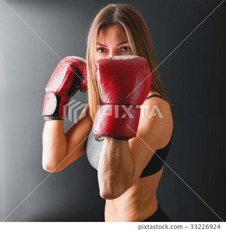 Portrait Woman Boxing Gloves Dark Background Portrait Woman Boxing Gloves Dark Background 33226924