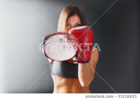 Portrait Woman Boxing Gloves Dark Background 33226933