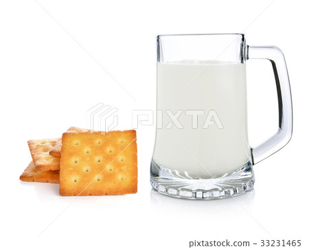 glass of milk and cracker isolated on white 33231465