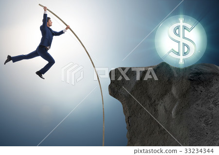 Businessman pole vaulting towards his money goal 33234344
