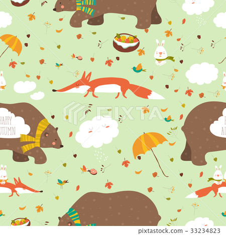 Autumn forest seamless pattern with cute animals Autumn forest seamless pattern with cute animals 33234823