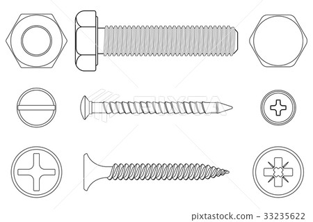 Bolt, screws and nut. White outline icons 33235622