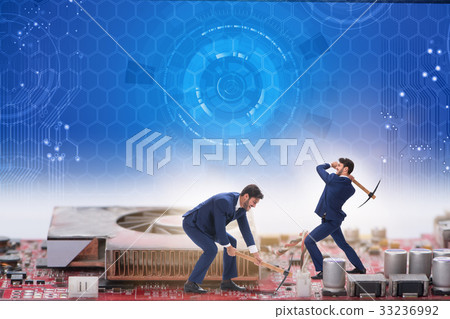 Cryptocurrency concept with businessman mining 33236992