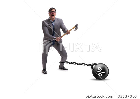 Debt concept with businessman escaping loan burden Debt concept with businessman escaping loan burden 33237016