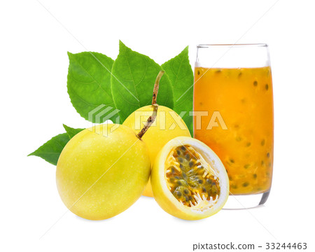 passion fruit with juice and green leaves isolated passion fruit with juice and green leaves isolated 33244463
