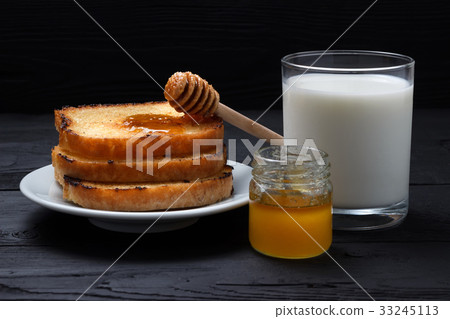 Toasts on a white plate, a glass of milk  33245113