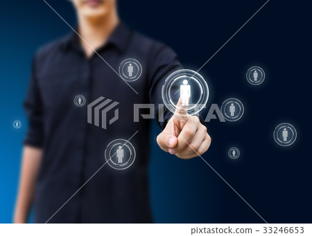man hand pressing social network icon 33246653