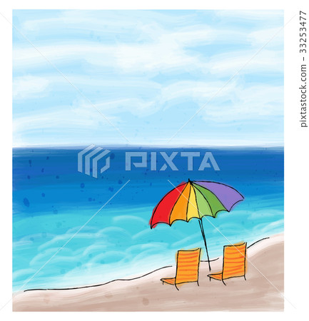 Umbrella and chairs at the sea shore and the sea. 33253477