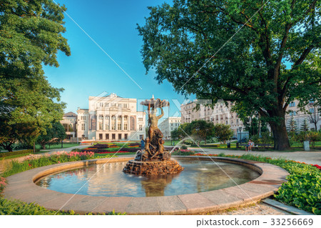 Riga, Latvia. Fountain Nymph In Water Splashes 33256669