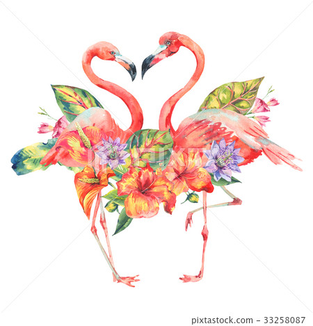 Watercolor pink flamingo and tropical flowers Watercolor pink flamingo and tropical flowers 33258087