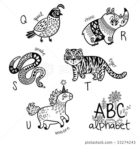 Animals alphabet Q - U for children. Vector 33274243