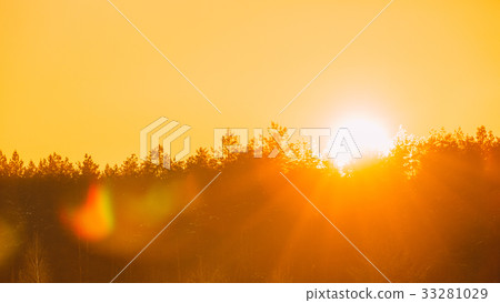 Sun Over Horizon Woods Or Forest With Orange 33281029