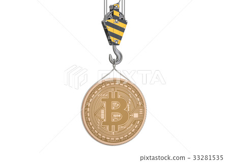 Bitcoin lifting on crane hook, 3D rendering 33281535
