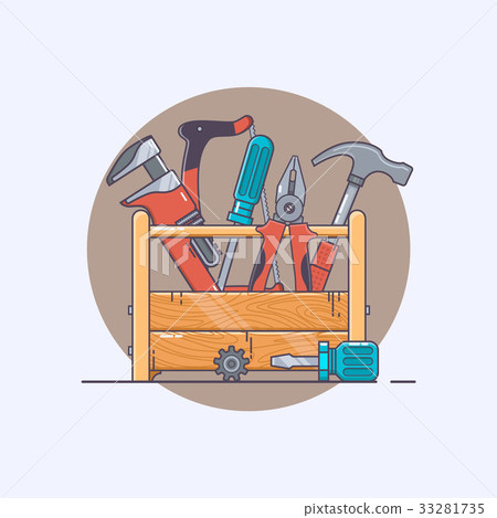 Box with tools. Pliers and hammer, screwdriver and 33281735