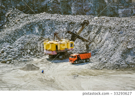 huge excavator, truck and man standing  33293627