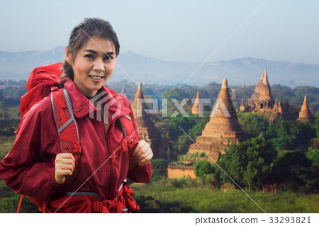 Asian lady backpacker walk in Bagan Asian lady backpacker walk in Bagan 33293821
