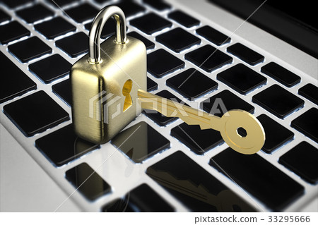 golden padlock with golden key on keyboard golden padlock with golden key on keyboard 33295666