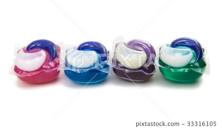 Pile of multiple washing pod capsules isolated 33316105