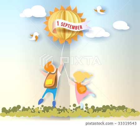 Back to school card with kids, leaves and sun Back to school card with kids, leaves and sun 33319543