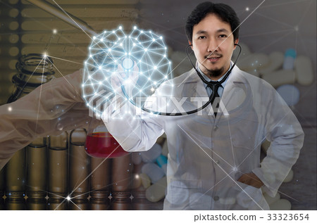 Asian Doctor hand holding the stethoscope equipment on brain over the Chemical Laboratory and medicine background, healthy physician with technology concept 33323654
