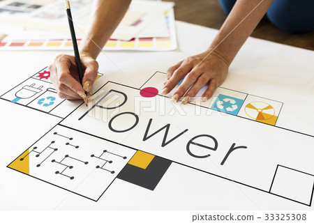 Hands working on network graphic overlay banner on desk 33325308