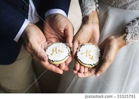 Newlywed Couple Hands Holding Showing Cookies Wedding Celebration 33325791