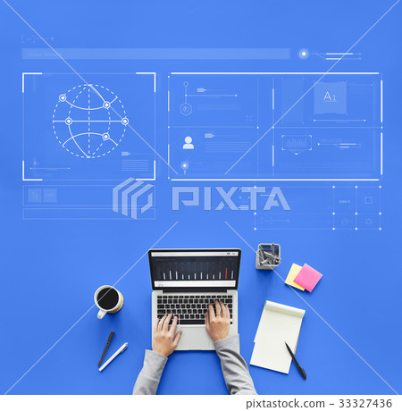 Hands working on laptop network graphic overlay background Hands working on laptop network graphic overlay background 33327436