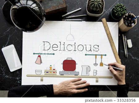 Man drawing illustration of food cooking kitchen utensil 33328356