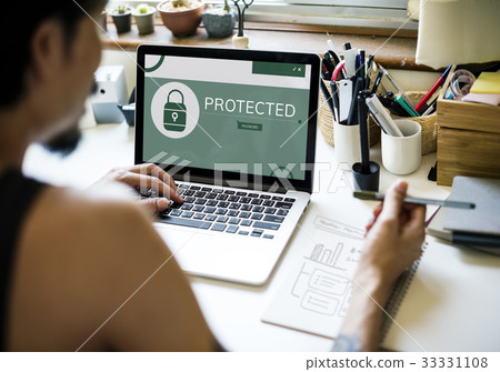 Woman with illustration of computer security system Woman with illustration of computer security system 33331108